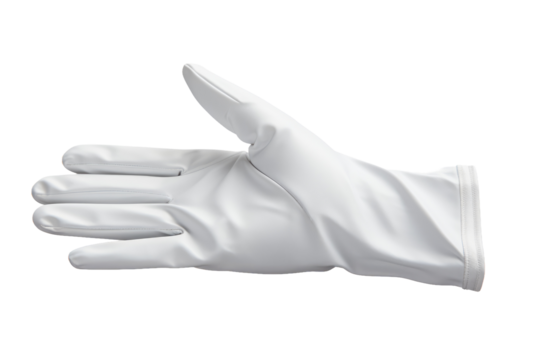 Pair of White Gloves. A pair of white gloves placed on a plain white background. The gloves are neatly arranged, showcasing their color and texture in a minimalistic setting.