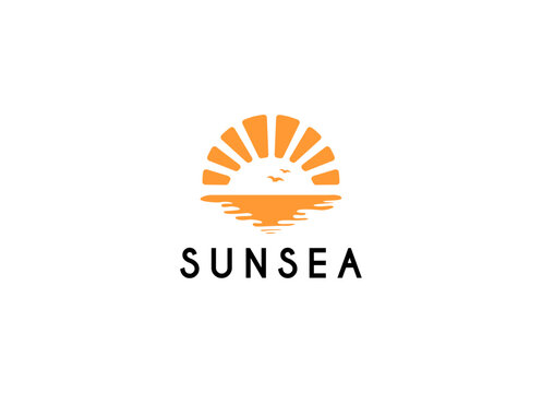 Summer beach coast island logo, sunset island nature logo design