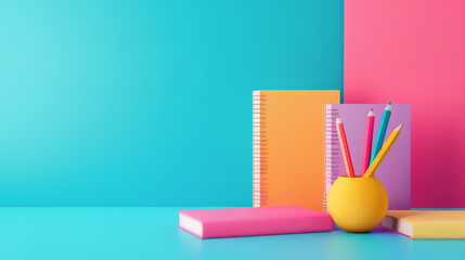 notebooks pencils stationery on a colored background