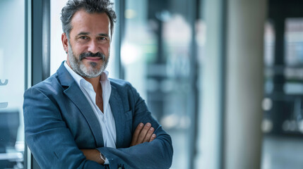 Fototapeta premium Portrait of a successful businessman with confident and friendly facial expression and his arms crossed in front of blurred office background. Generative AI