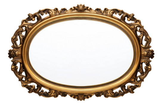 Elegant Gold Framed Mirror. A luxurious gold framed mirror is displayed against a clean white background. The mirror reflects light, showcasing its ornate design and enhancing any rooms decorate.