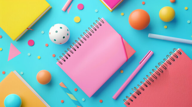 notebooks pencils stationery on a colored background