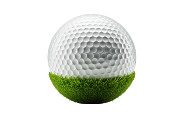 Golf Ball Covered in Grass. A golf ball is partially covered with grass, likely from a swing that missed its mark on the course. The grass clippings are stuck to the surface.
