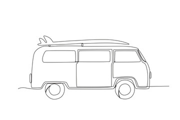 Single continuous line drawing of Car with surfboard on roof, road trip concept
