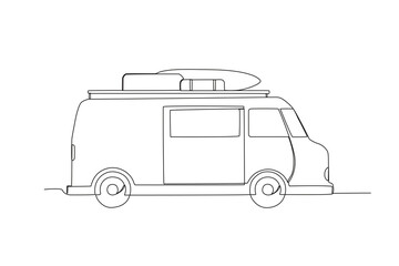 Single continuous line drawing of Car with trunk and surfboard on roof, road trip concept
