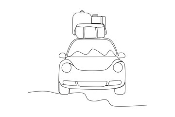 Obraz premium Single continuous line drawing of Car with trunk on roof, road trip concept 