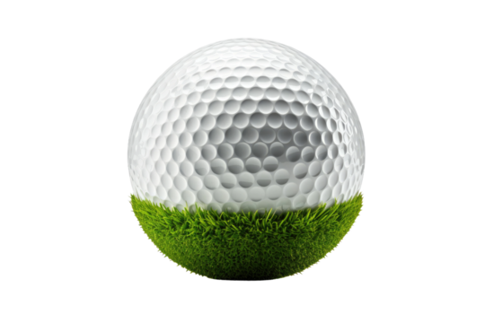 Golf Ball Covered in Grass. A golf ball is partially covered with grass, likely from a swing that missed its mark on the course. The grass clippings are stuck to the surface.