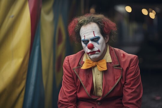 Sad clown exhausted circus jester joker emotions unhappy depressed performer. Carnival man sadness depression melancholic face expression make-up worried person costume dressed actor backstage circus