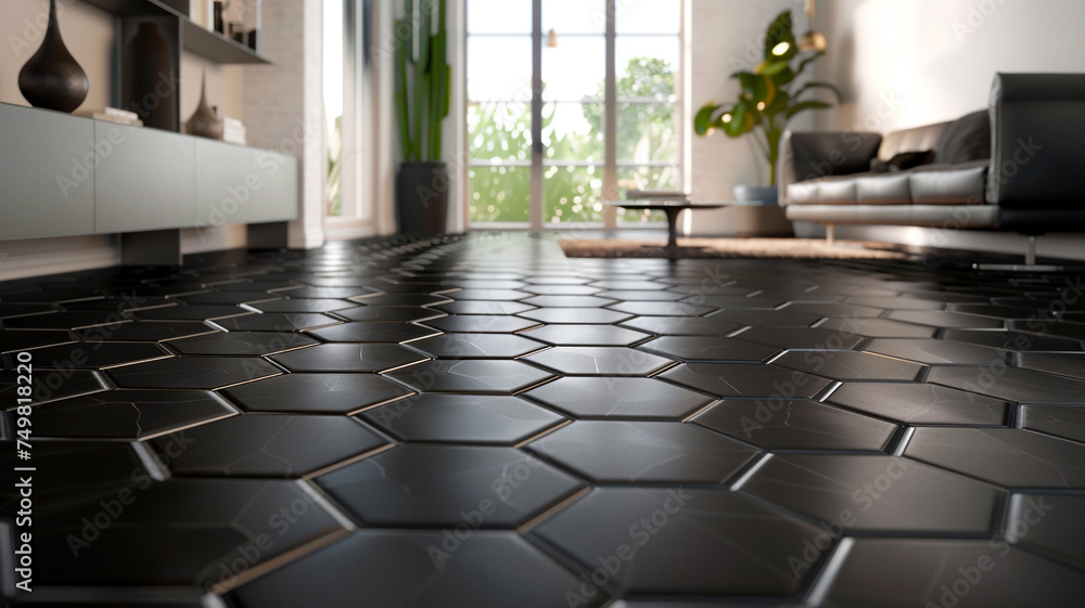 Poster a detailed uhd capture of a modern floor design featuring large-scale hexagonal tiles in a matte bla