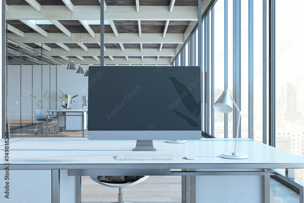 Poster modern warehouse coworking office interior with empty mock up computer monitor, glass, furniture and