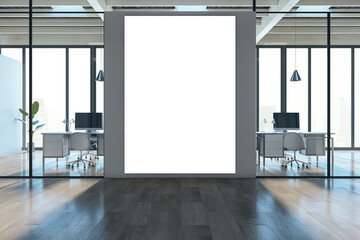 Modern warehouse coworking office interior with empty white mock up banner on wall, glass, furniture and daylight. 3D Rendering.