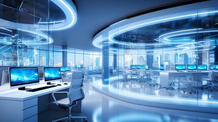 Fototapeta premium Futuristic office interior with high-tech design, innovative workspace concept, modern business environment. AI
