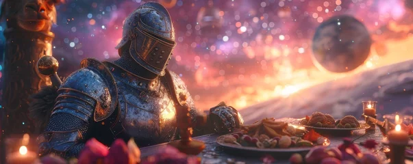 Selbstklebende Fototapeten Cinematic render of a knight with a clear helmet, gourmet feast on a llama-shaped table, under cosmic stars © AlexCaelus