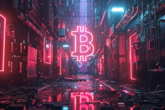 Bitcoin adventure in neon sci-fi world, angelic guidance through cyber cities, retro-future exploration
