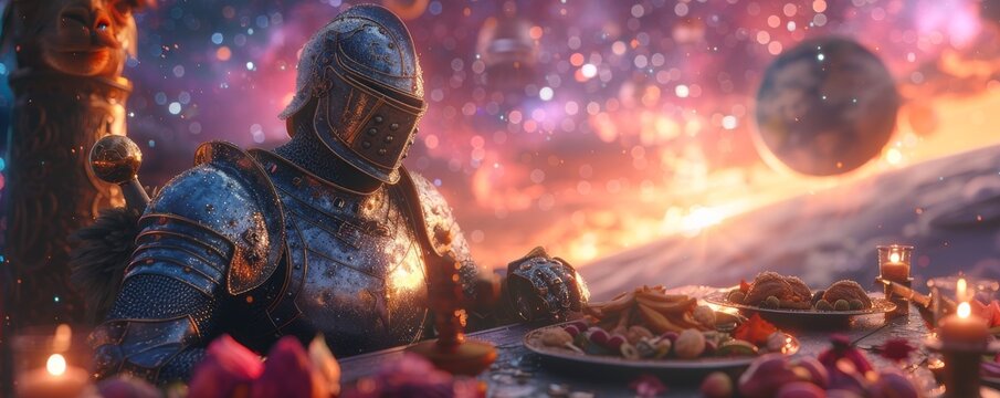 Cinematic render of a knight with a clear helmet, gourmet feast on a llama-shaped table, under cosmic stars