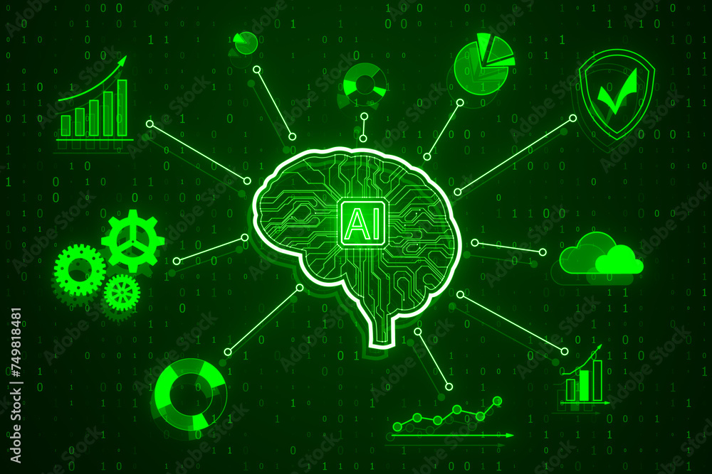 Poster Creative glowing digital brain hologram on blurry green background with binary coding. AI and futuristic hud elements. 3D Rendering.