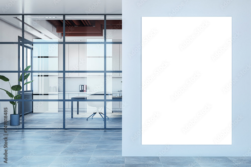 Poster modern glass meeting room interior with empty white mock up banner, various objects and furniture. 3
