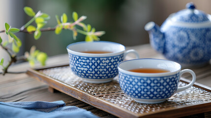 Miniature tea cup with teapot Thai pattern blue ceramic bowls on woodboard.