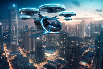 Flying car in sky. Electric air car flight above a cityscape. Future Flying Mobility. Futuristic Flying Transport. Urban Air Mobility, Flying unmanned car. Fly cars in drive in sky. Self driving - obrazy, fototapety, plakaty