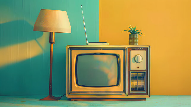 Illustration Of A Vintage Analog Television With Lamp Beside It On Color Background In 70s Style