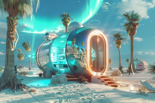 Desert oasis with quantum mirages, futuristic caravan, holographic palm trees