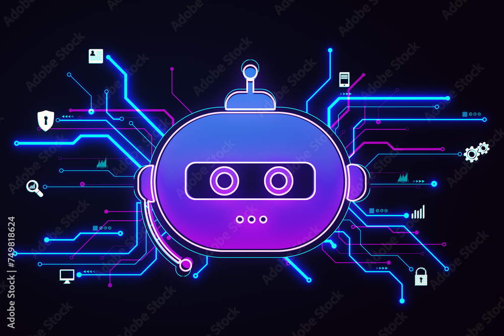 Poster Creative robot hologram on blurry background. Chat GPT and ai, customer support and bot concept. 3D Rendering.