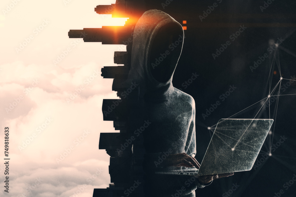 Poster Hacker with laptop standing on abstract concrete city and sunset polygonal background. Hacking and malware concept. Double exposure.
