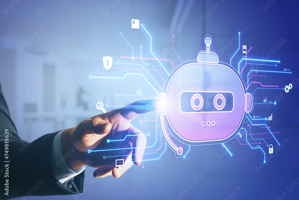 Poster Close up of businessman hands pointing at creative robot hologram on blurry background. Chat GPT and ai, customer support and bot concept.