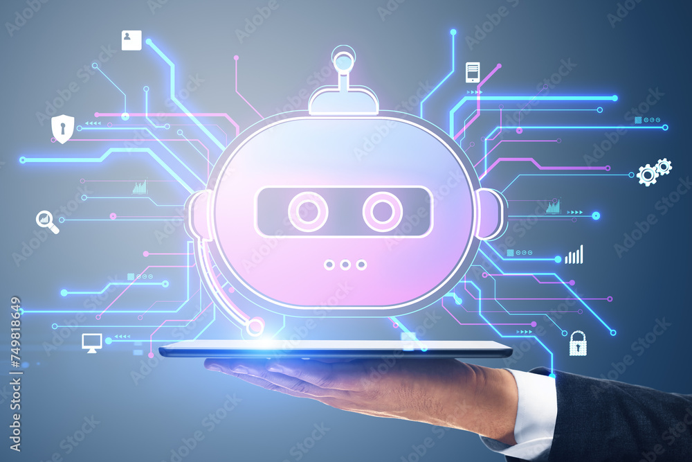 Poster close up of businessman hand holding tablet with creative robot hologram on blurry background. chat 