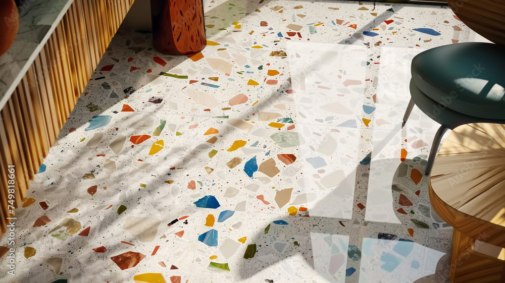 Poster a detailed uhd capture of a modern floor design with porcelain tiles in a terrazzo-inspired finish, 