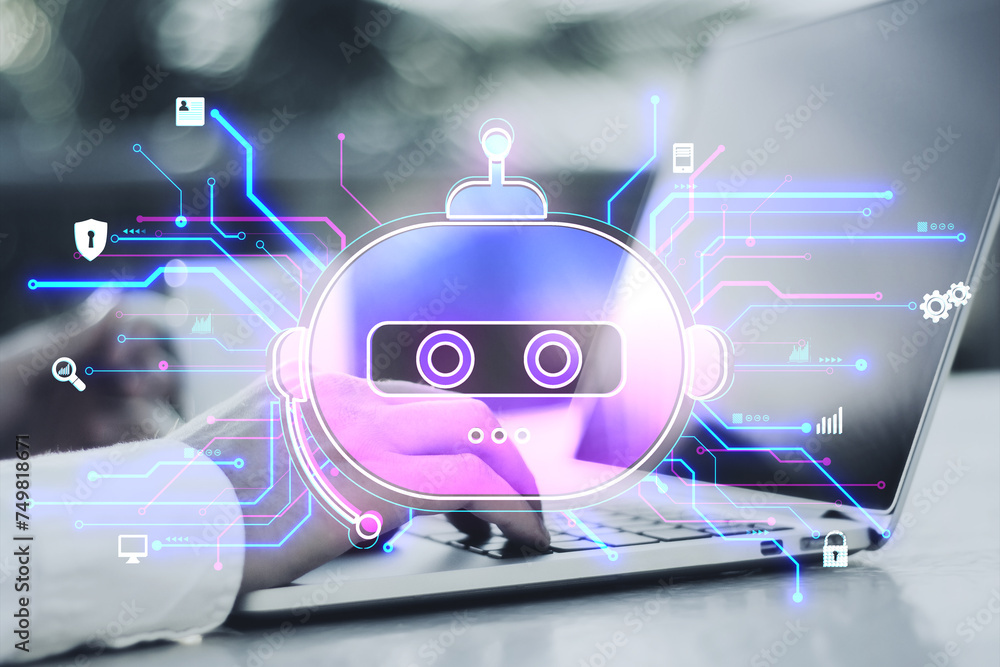Poster Close up of male hands using laptop and smartphone at desk with creative robot hologram on blurry background. Chat GPT and ai, customer support and bot concept. Double exposure.