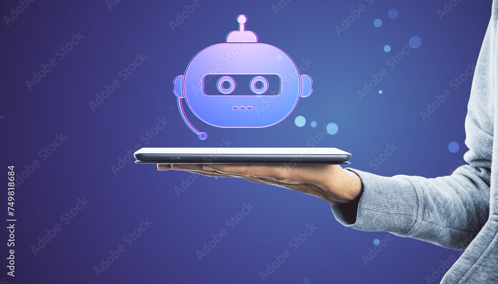 Poster close up of female hand holding tablet with creative robot hologram on blurry background. chat gpt a