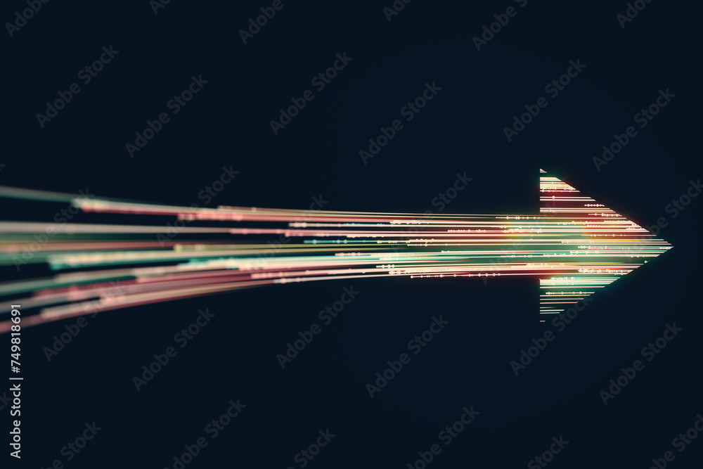 Poster Creative high-speed motion arrow on dark background. Dynamic energy and technology concept. 3D Rendering.