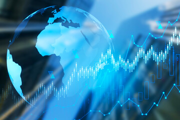 Creative globe hologram with growing forex chart on blurry city background. Global business, international stock market concept. Double exposure.