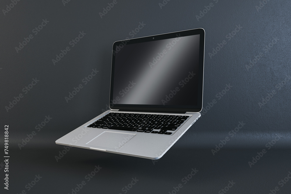 Poster silver laptop on dark textured background, professional tech workspace concept. 3d rendering