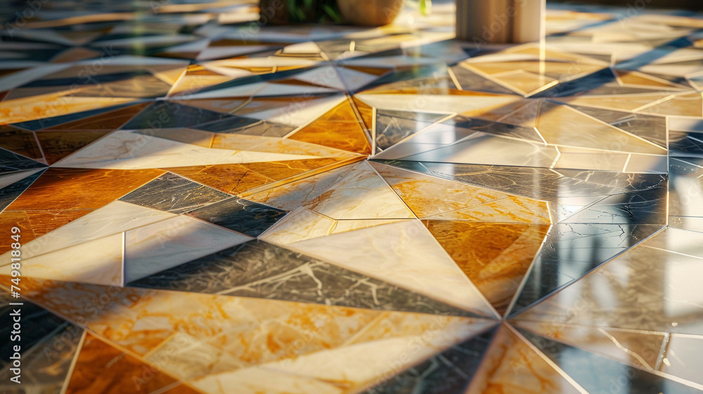 Poster a uhd capture of a contemporary floor design with large format ceramic tiles in a geometric pattern,