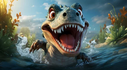 Poster Im Rahmen Beautiful background of a colorful smiling face crocodile in the river © Sumon758