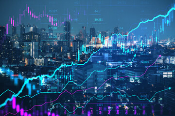 Creative glowing candlestick forex chart on blurry night city background. Financial trade and...