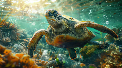 Turtle in polluted water. Ocean plastic pollution. Ecological, Environment concept, pollution problem.