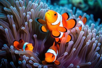 A school of clownfish in a colorful coral reef. cute anemone fish playing on the coral reef, just like in Finding Nemo Ai generated