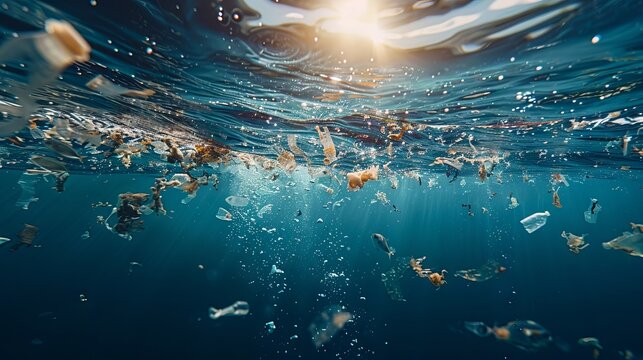 Ocean plastic pollution, Plastic garbage bottles under the sea. Plastic bottles floating in the ocean. An image of trash plastic bottles drifting in the ocean.