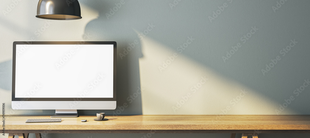 Aufkleber Modern home office interior with empty white computer monitor on designer desktop. Decorative concrete wall background with shadows. 3D Rendering.