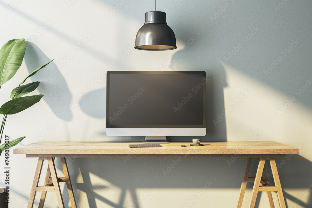 Poster modern home office interior with empty computer monitor on designer desktop. decorative plant and co