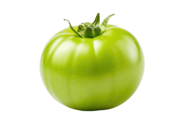 Green Tomato. A single green tomato is displayed prominently on a clean white background. The tomato is unripe, with a vibrant green hue and a smooth skin. on White or PNG Transparent Background.
