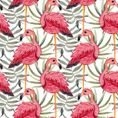Naklejka premium Pink flamingos and palm leaves. Watercolor illustration. seamless pattern on a light background
