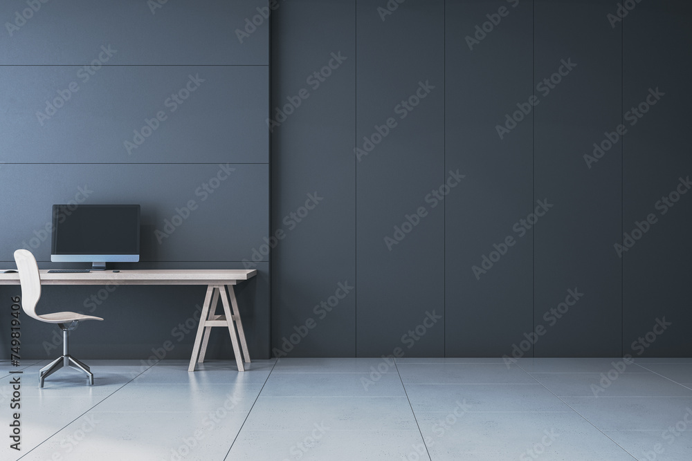 Poster contemporary minimalistic black interior with workplace and computer monitor, mock up place on wall.