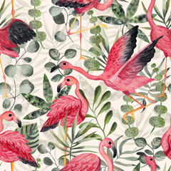 Pink flamingos and palm leaves. Watercolor illustration. seamless pattern on a light background