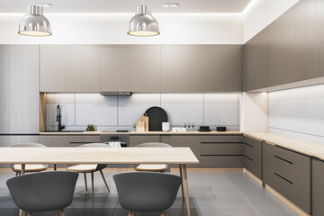 Modern wooden and concrete kitchen interior with dining area. Luxury designs concept. 3D Rendering.