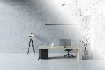 Sketch of modern concrete home office interior with furniture and equipment, decorative plant. 3D...