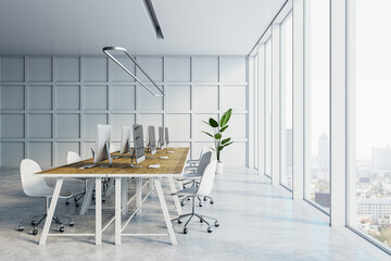 Modern light concrete coworking office interior with panoramic city view and furniture. 3D...
